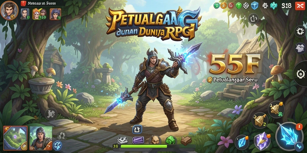Screenshot gameplay 555F menunjukkan pertempuran seru dengan karakter RPG yang beragam.