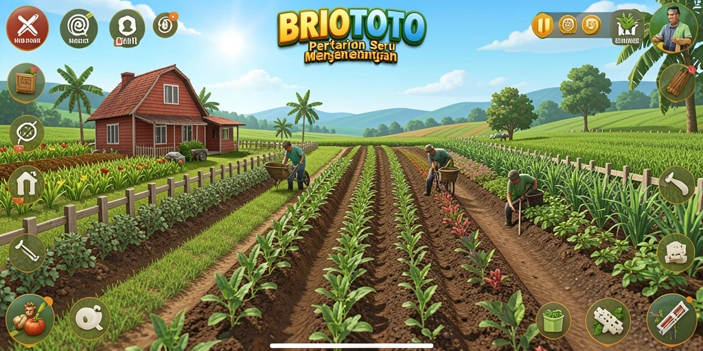Screenshot gameplay BRIOTOTO yang menunjukkan aktivitas berkebun yang menyenangkan
