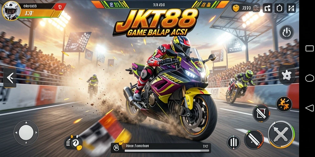 Tangkapan layar menunjukkan aksi balap motor yang mendebarkan di JKT88.