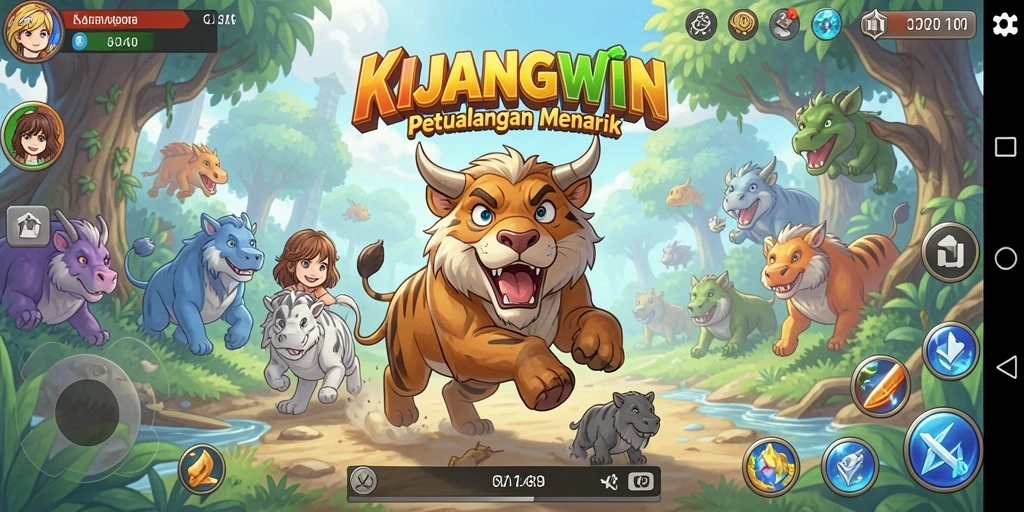 Screenshot gameplay KIJANGWIN menampilkan pertarungan yang dinamis dan karakter yang menarik.