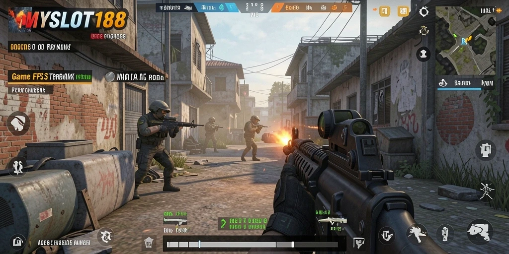 Screenshot utama MYSLOT188 menampilkan aksi seru dalam game FPS.