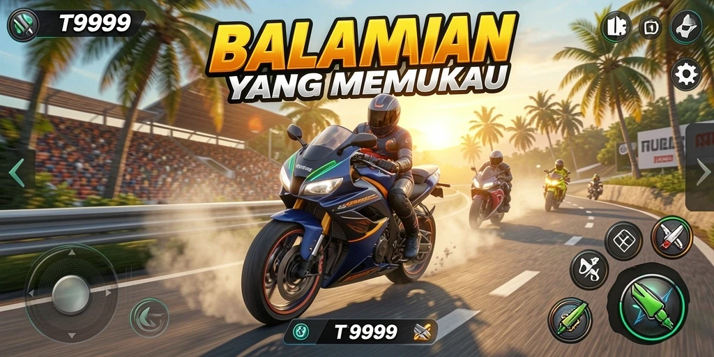 Tangkapan layar utama T9999 menampilkan aksi balapan motor yang mendebarkan.